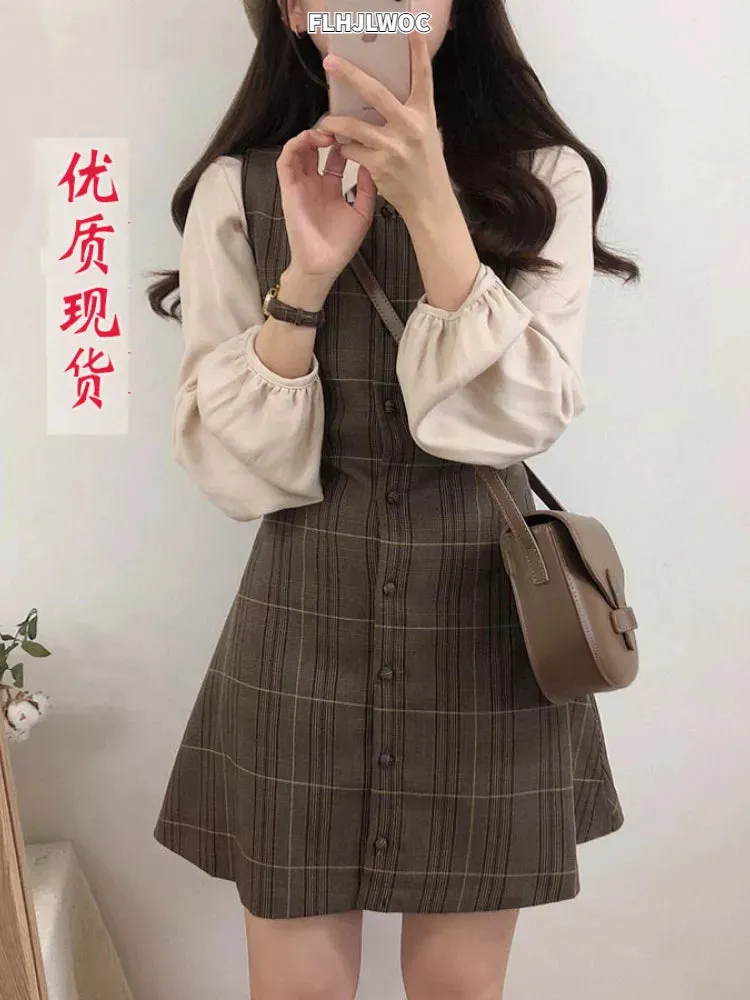 Cute Mini Sleeveless Vest Style Design Retro Vintage Plaid Button Shirt Dress