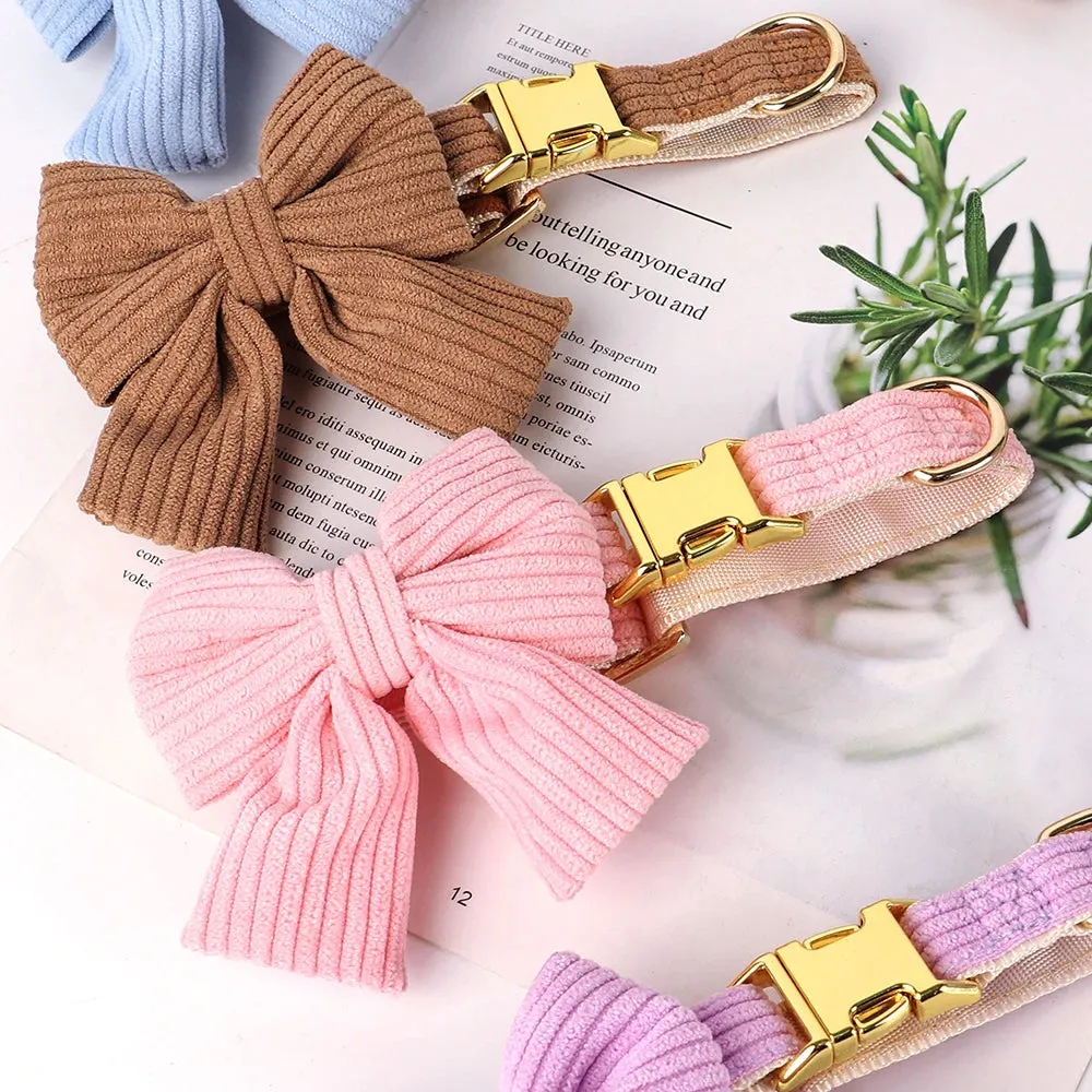 Cute Pink Dog Collar Leash Set with Bowtie | Adjustable Soft Velvet Pet Collars and Leash for Small Medium Dogs