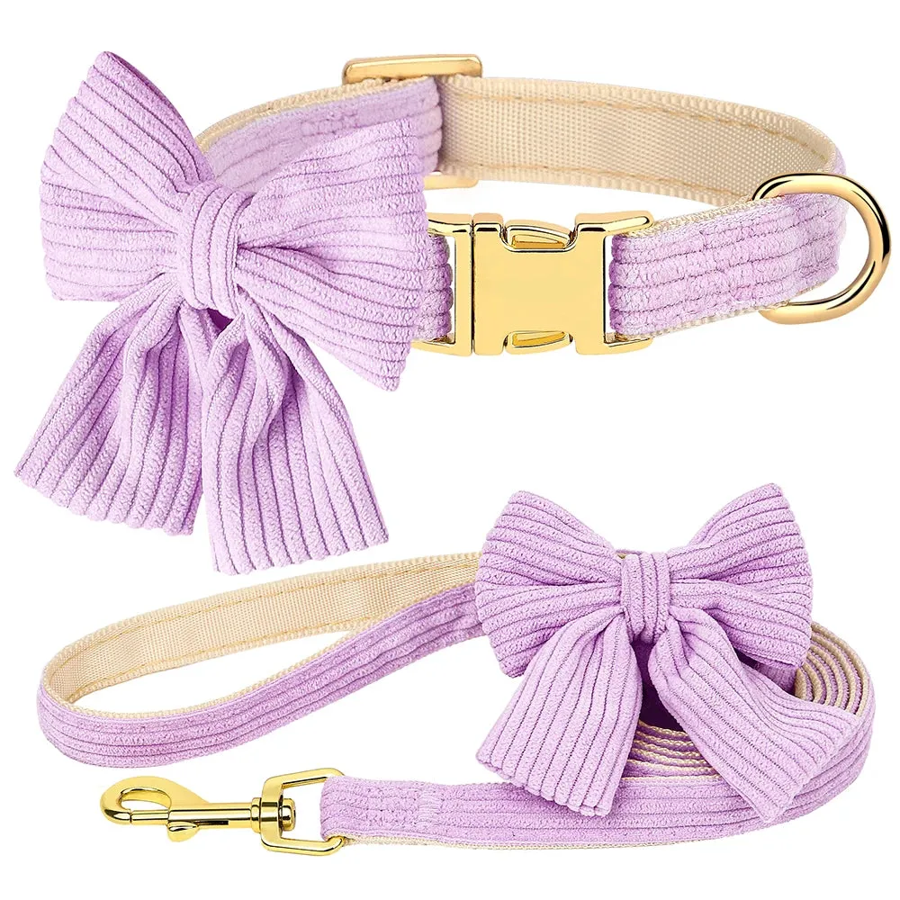 Cute Pink Dog Collar Leash Set with Bowtie | Adjustable Soft Velvet Pet Collars and Leash for Small Medium Dogs