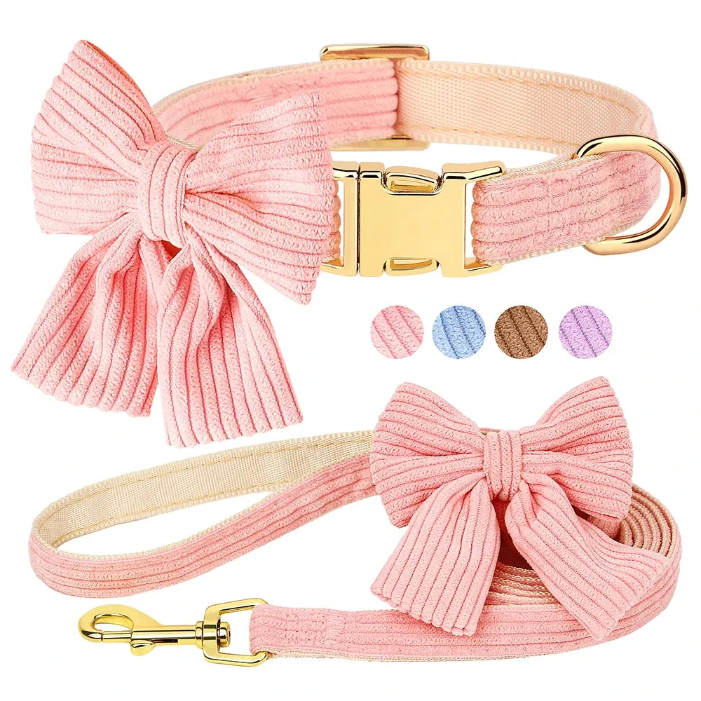 Cute Pink Dog Collar Leash Set with Bowtie | Adjustable Soft Velvet Pet Collars and Leash for Small Medium Dogs