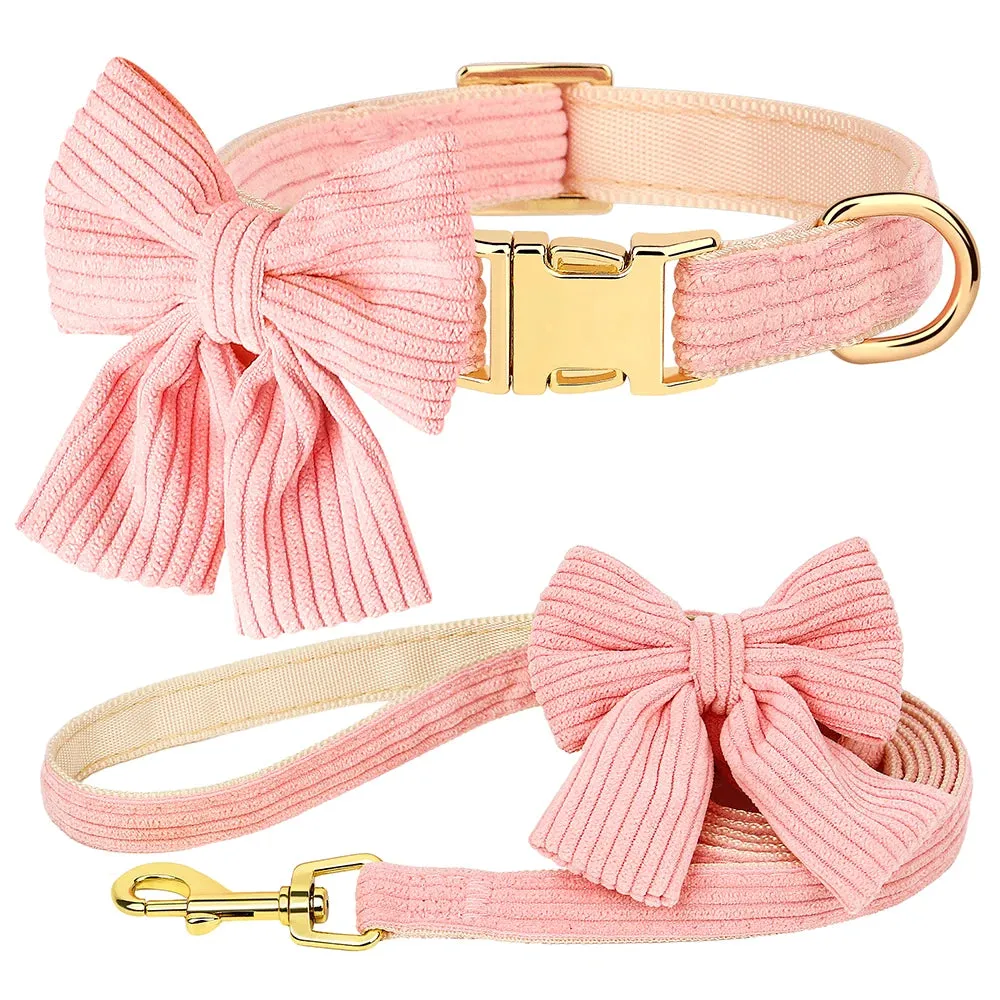 Cute Pink Dog Collar Leash Set with Bowtie | Adjustable Soft Velvet Pet Collars and Leash for Small Medium Dogs