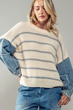 Denim Sleeve Drop Shoulder Two Tone Knit Striped Sweater