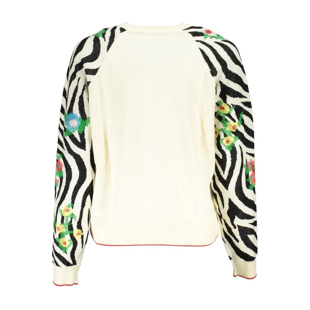 Desigual Elegant White Crew Neck Sweater with Contrast Details