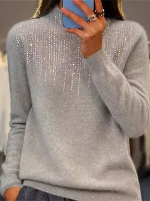 Diamond-Embellished Half-Mocked Knitted Sweater