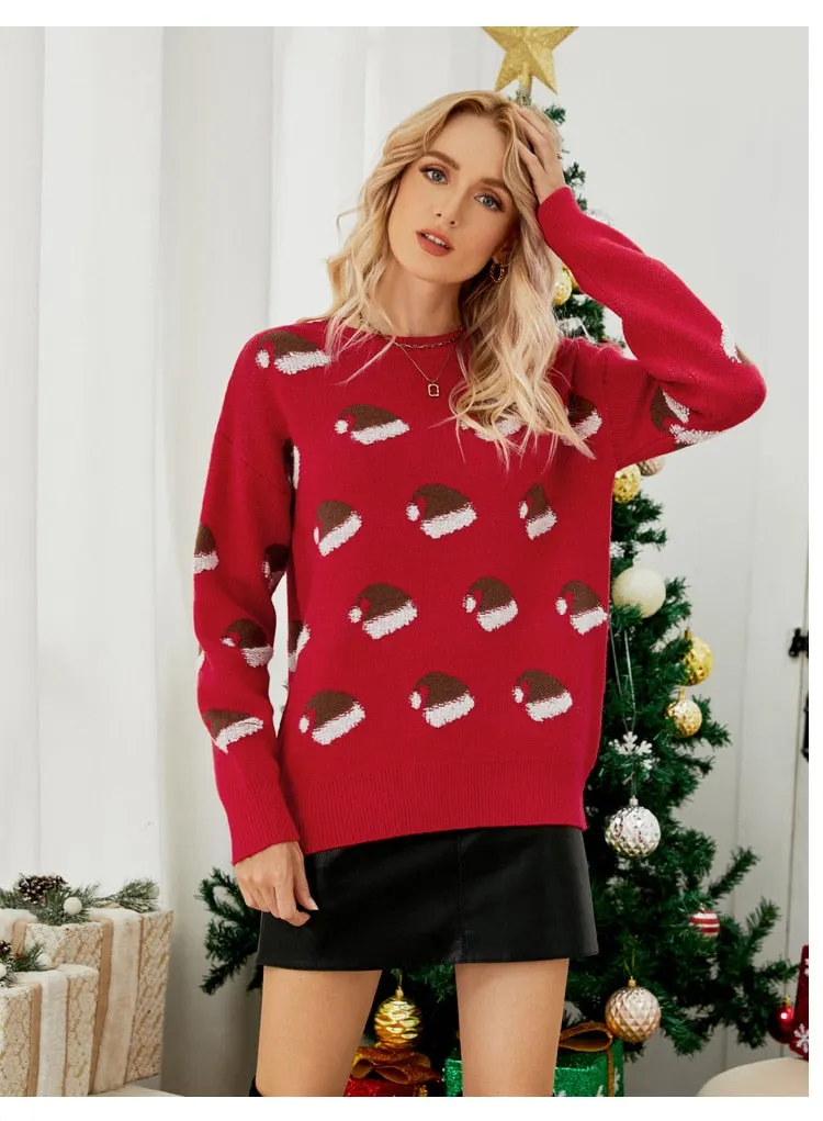 DressBetty - Pullover Sweater Long Sleeve Christmas Hat Round Neck Sweet Christmas Knitted