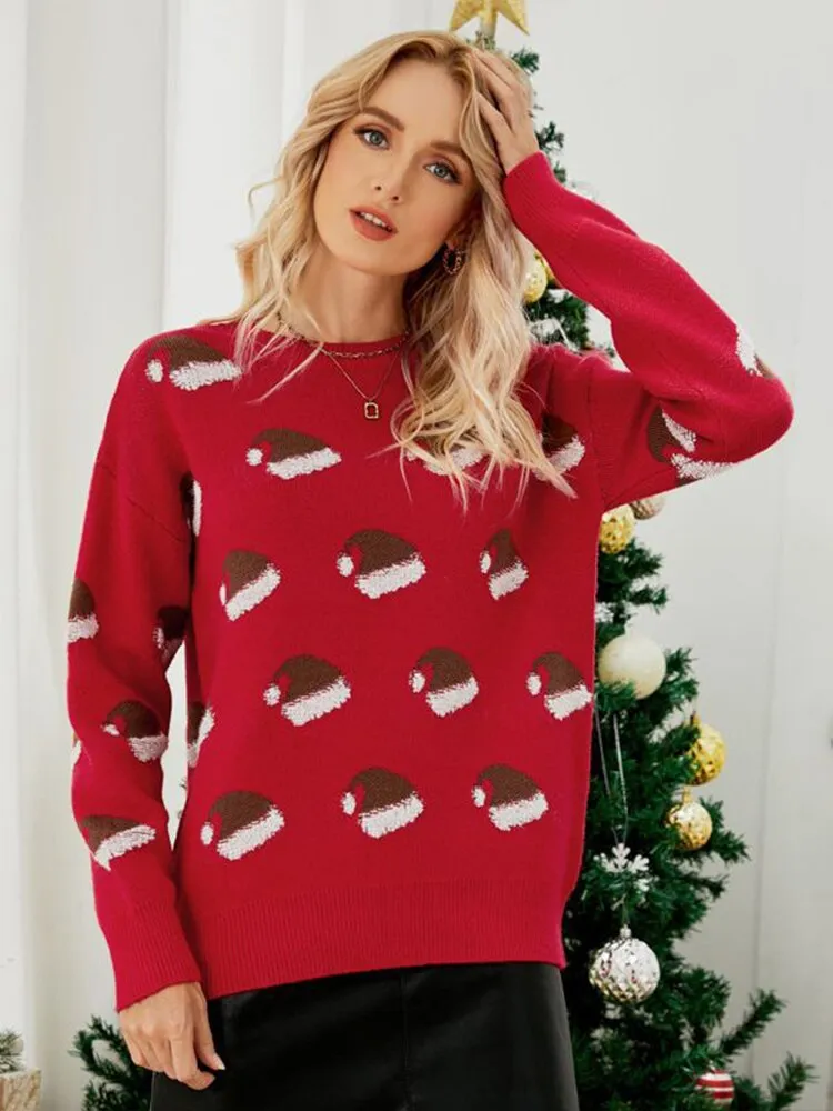 DressBetty - Pullover Sweater Long Sleeve Christmas Hat Round Neck Sweet Christmas Knitted