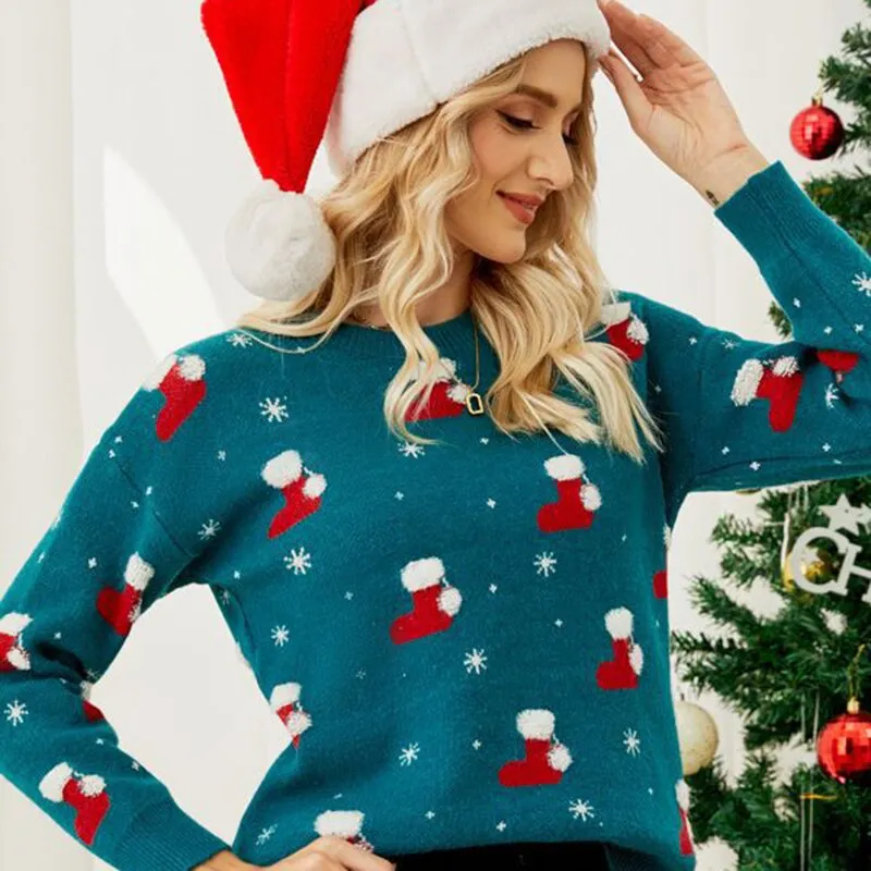 DressBetty - Pullover Sweater Long Sleeve Christmas Hat Round Neck Sweet Christmas Knitted