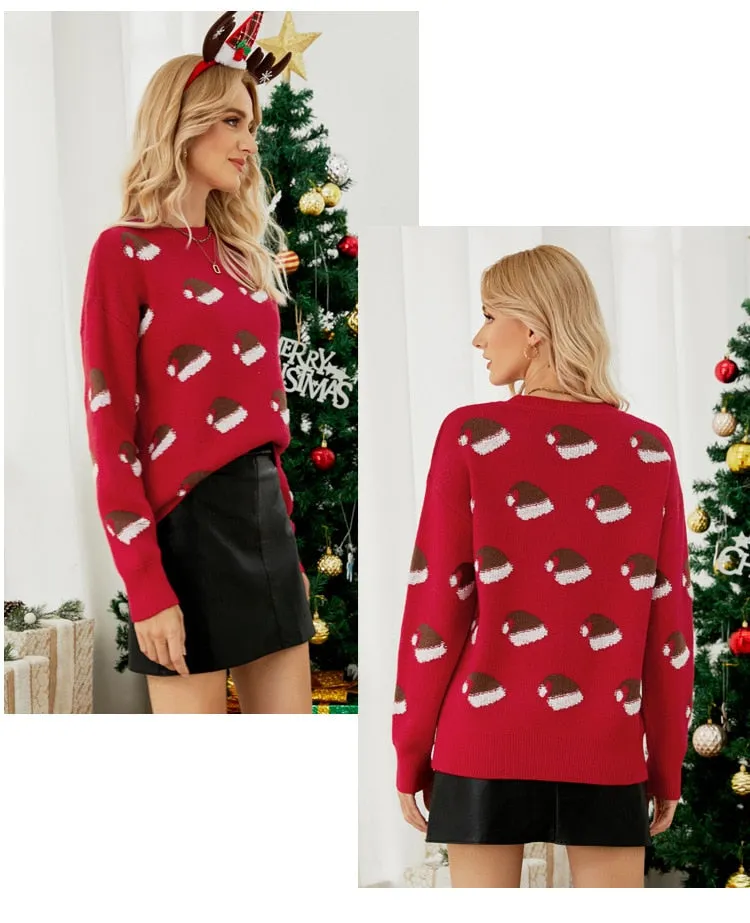 DressBetty - Pullover Sweater Long Sleeve Christmas Hat Round Neck Sweet Christmas Knitted