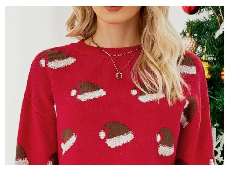 DressBetty - Pullover Sweater Long Sleeve Christmas Hat Round Neck Sweet Christmas Knitted