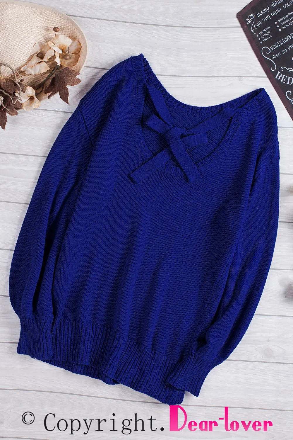 Drop Shoulder Back Cut-Out Sweater With Tie