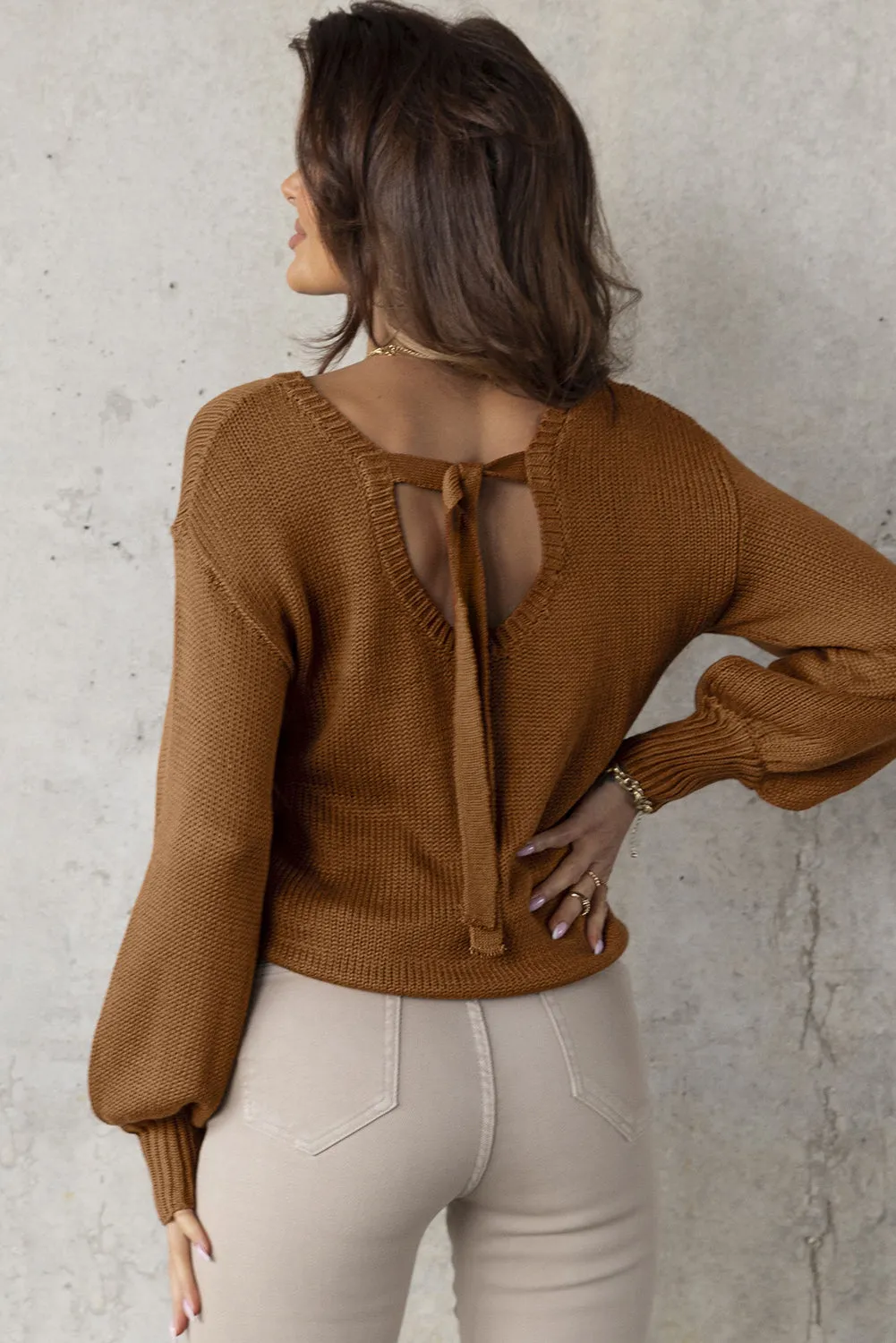 Drop Shoulder Back Cut-Out Sweater With Tie