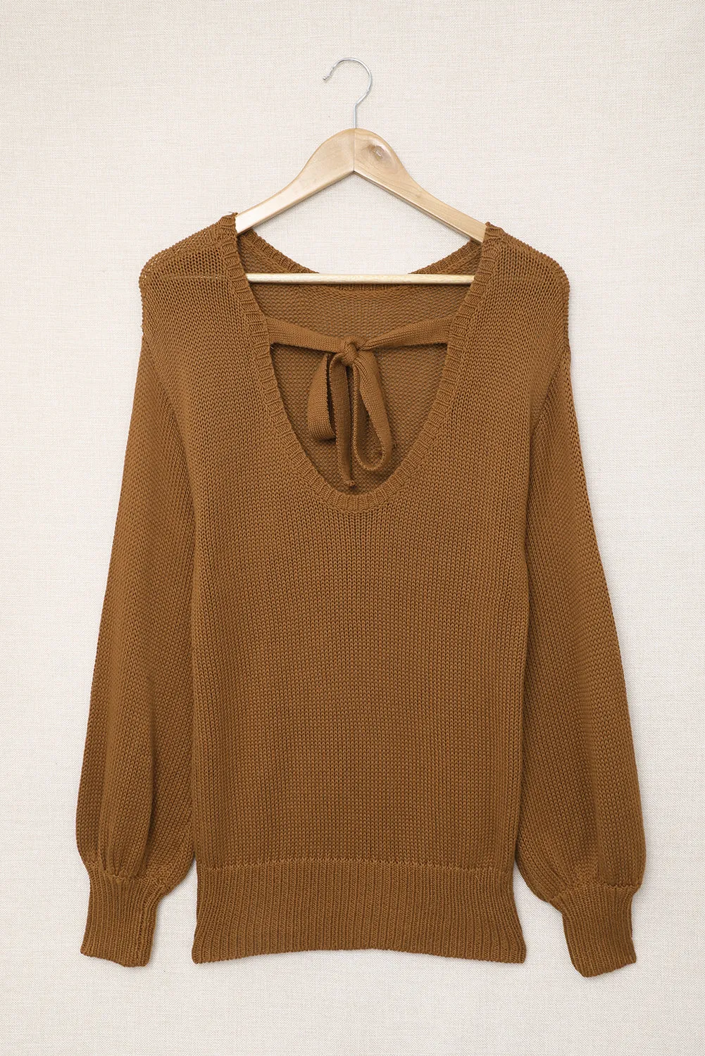 Drop Shoulder Back Cut-Out Sweater With Tie