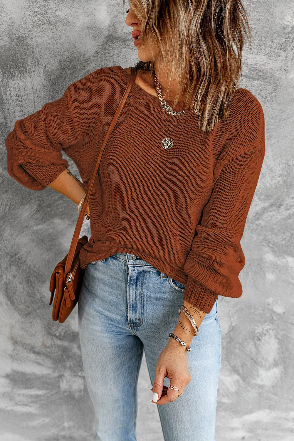 Drop Shoulder Back Cut-Out Sweater With Tie