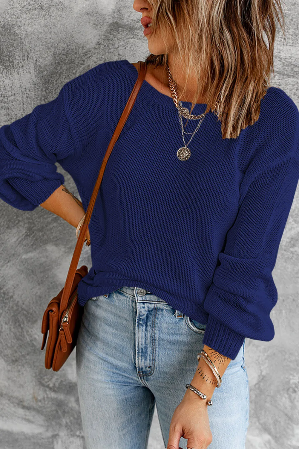 Drop Shoulder Back Cut-Out Sweater With Tie