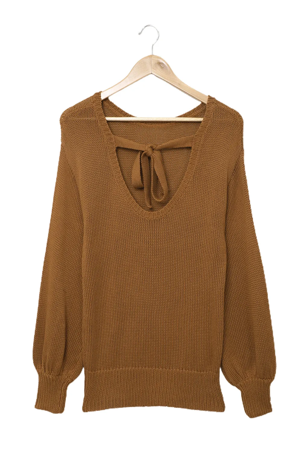 Drop Shoulder Back Cut-Out Sweater With Tie