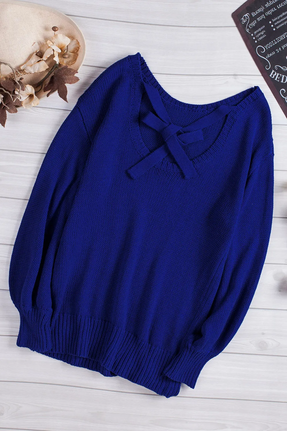 Drop Shoulder Back Cut-Out Sweater With Tie