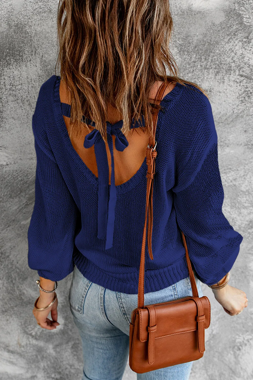 Drop Shoulder Back Cut-Out Sweater With Tie