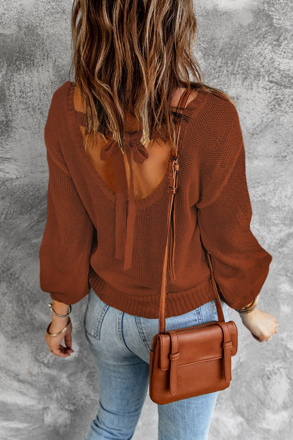 Drop Shoulder Back Cut-Out Sweater With Tie