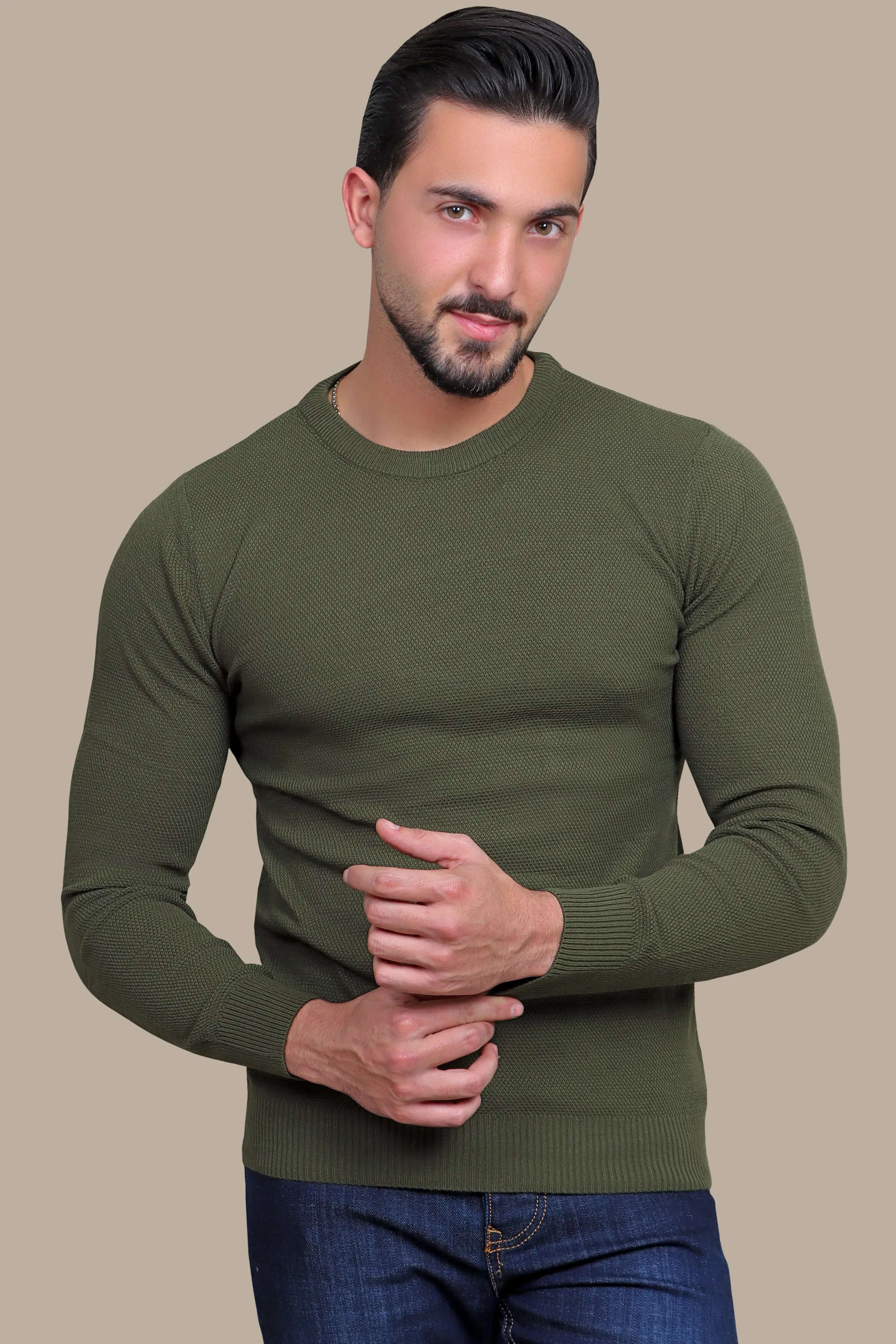 Effortless Style: Khaki Structured Round Neck Sweater