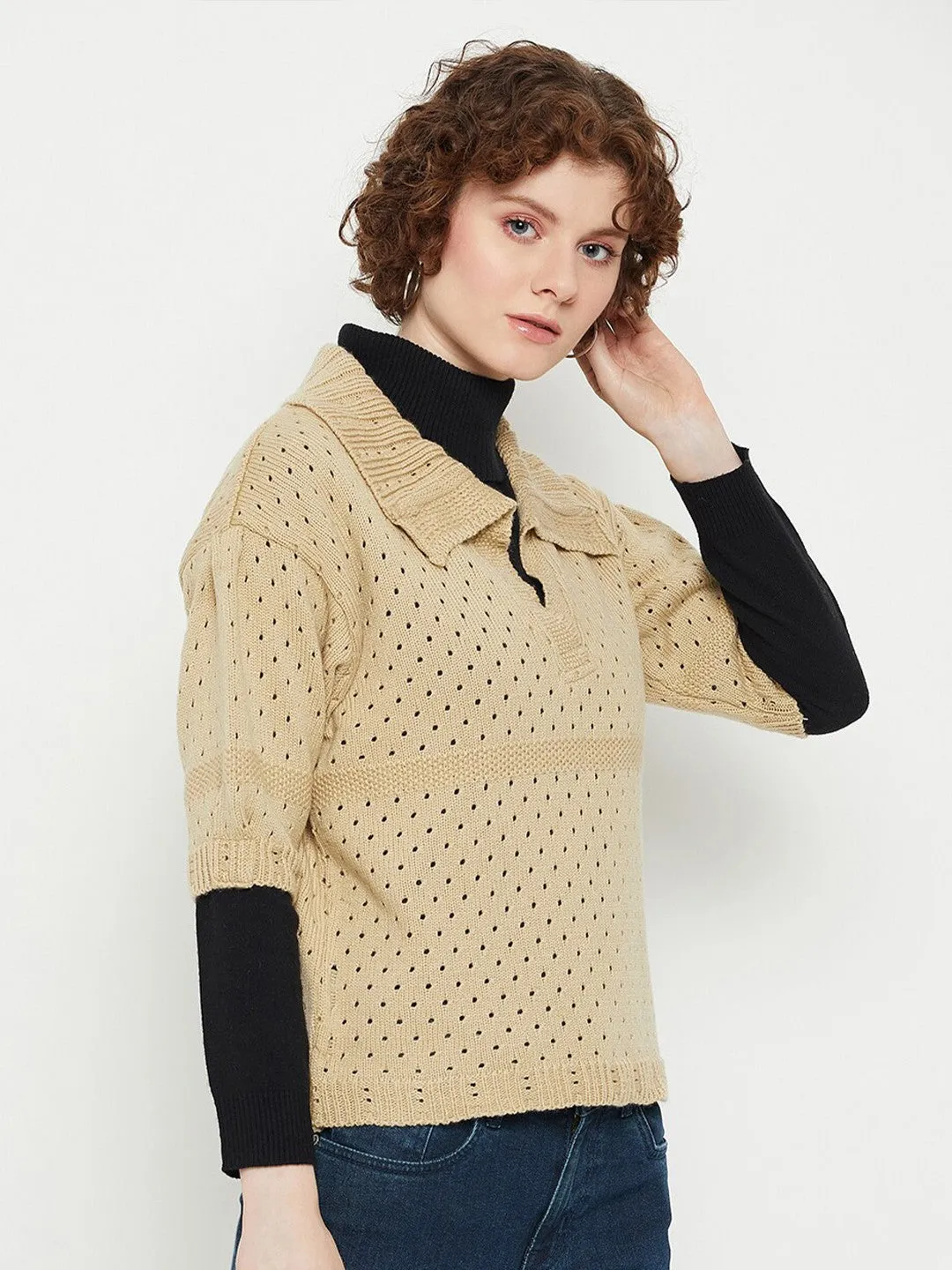 Elegant Beige Self Design Sweater