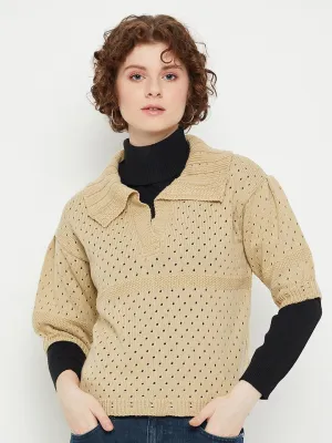 Elegant Beige Self Design Sweater