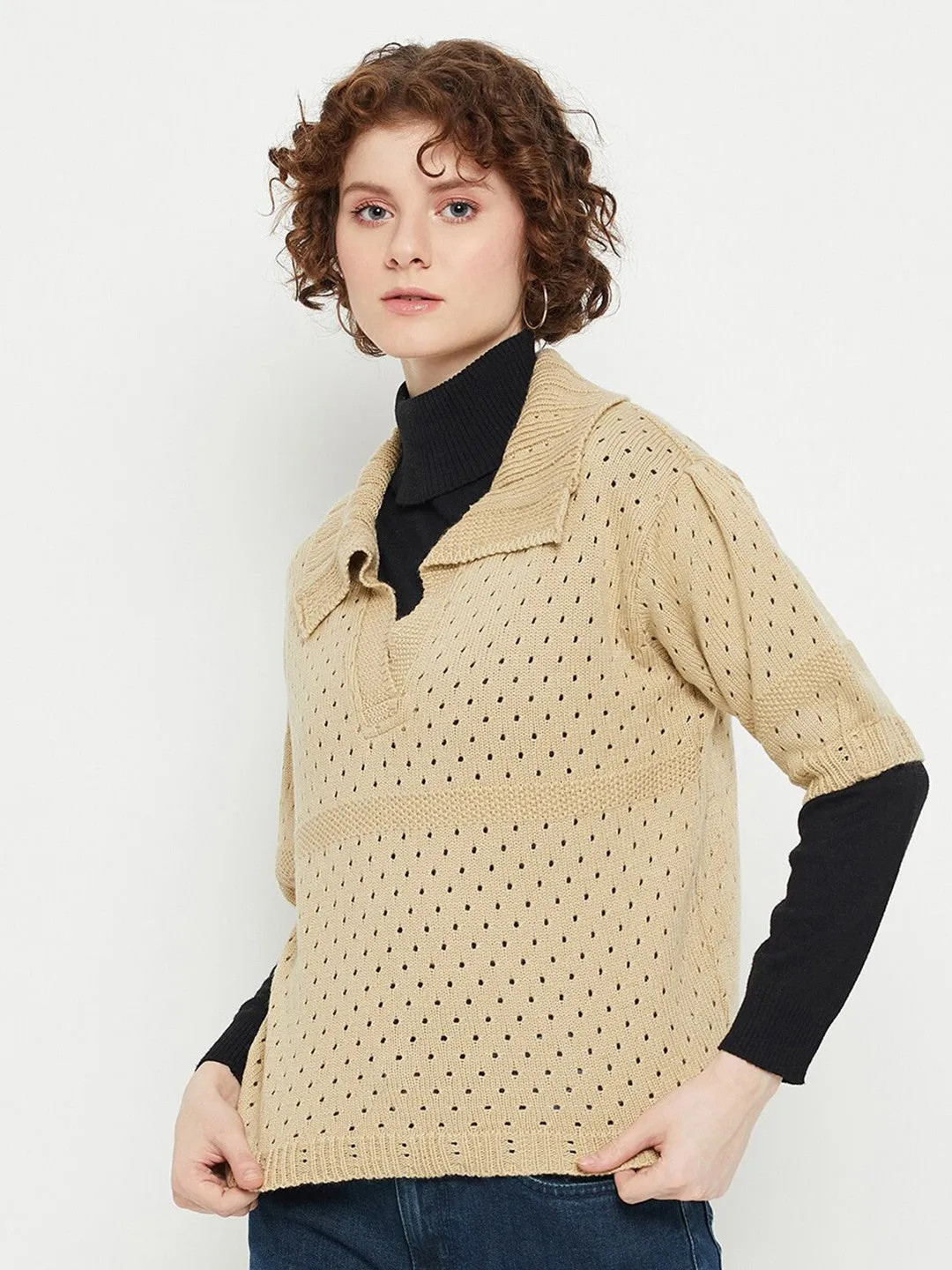 Elegant Beige Self Design Sweater