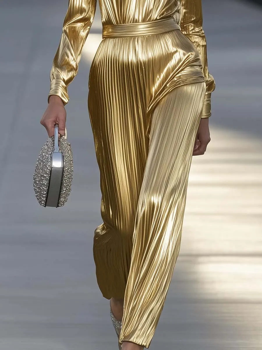 Elegant Personality Half Turtleneck Gold Shiny Pleated Jumpsuit