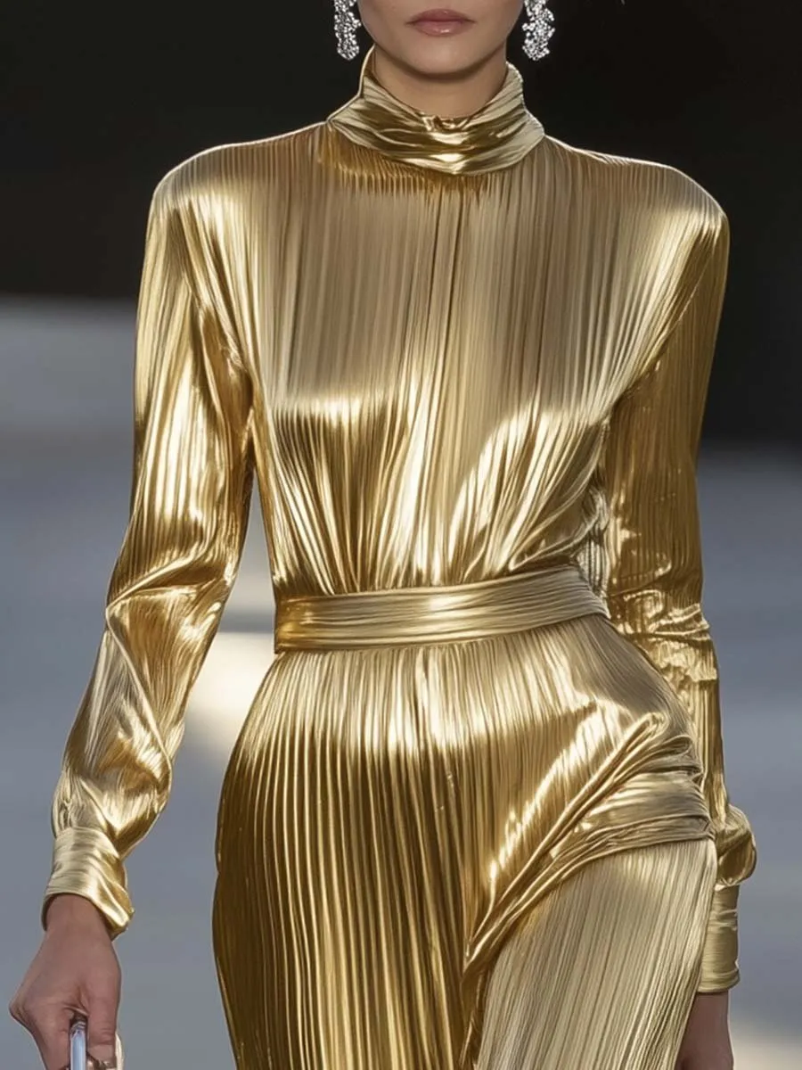 Elegant Personality Half Turtleneck Gold Shiny Pleated Jumpsuit