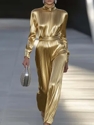 Elegant Personality Half Turtleneck Gold Shiny Pleated Jumpsuit