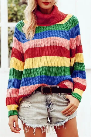 elveswallet Rainbow Striped Turtleneck Oversized Pullover