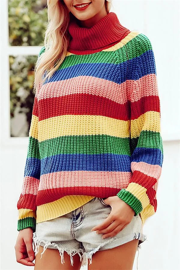 elveswallet Rainbow Striped Turtleneck Oversized Pullover