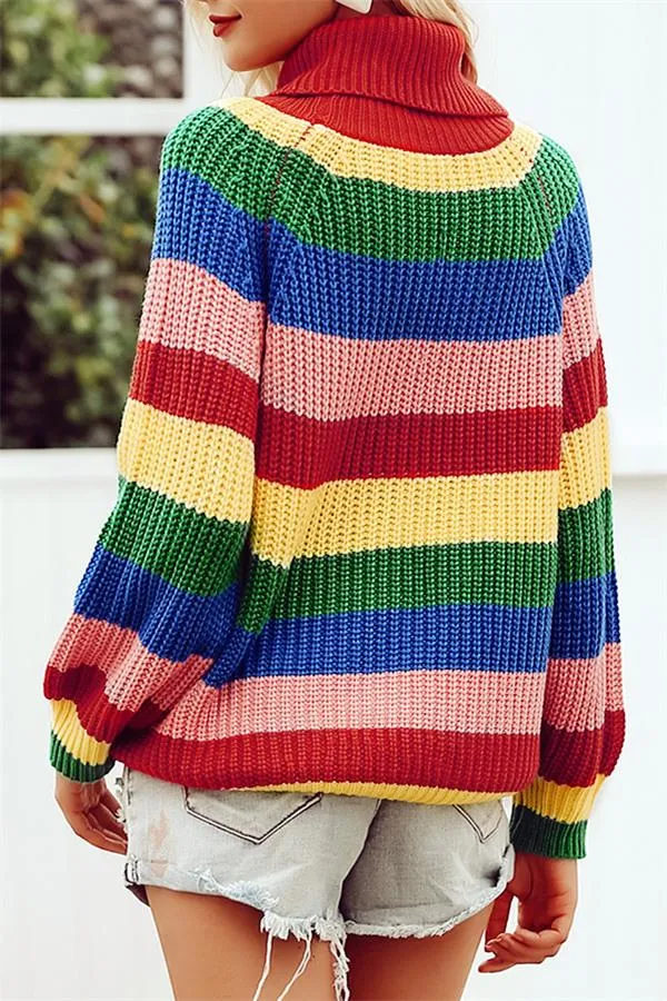 elveswallet Rainbow Striped Turtleneck Oversized Pullover