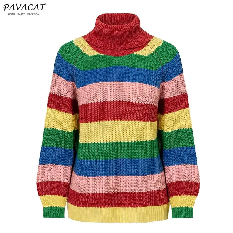 elveswallet Rainbow Striped Turtleneck Oversized Pullover