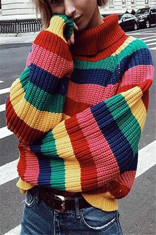 elveswallet Rainbow Striped Turtleneck Oversized Pullover