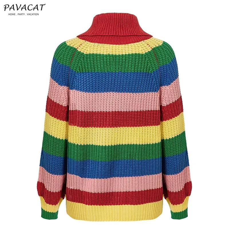 elveswallet Rainbow Striped Turtleneck Oversized Pullover