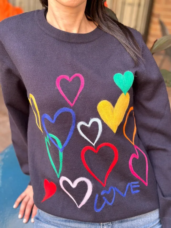 Embroidered Multi Colored Hearts Navy Sweater