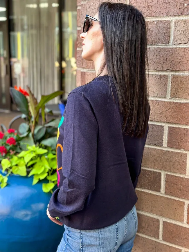 Embroidered Multi Colored Hearts Navy Sweater