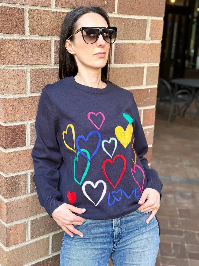 Embroidered Multi Colored Hearts Navy Sweater