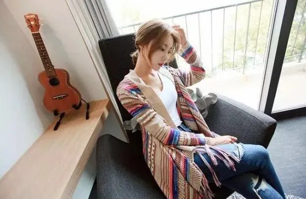 Ethnic Bohemian Striped Long Sleeve Tassel Knitted Cardigan Sweater