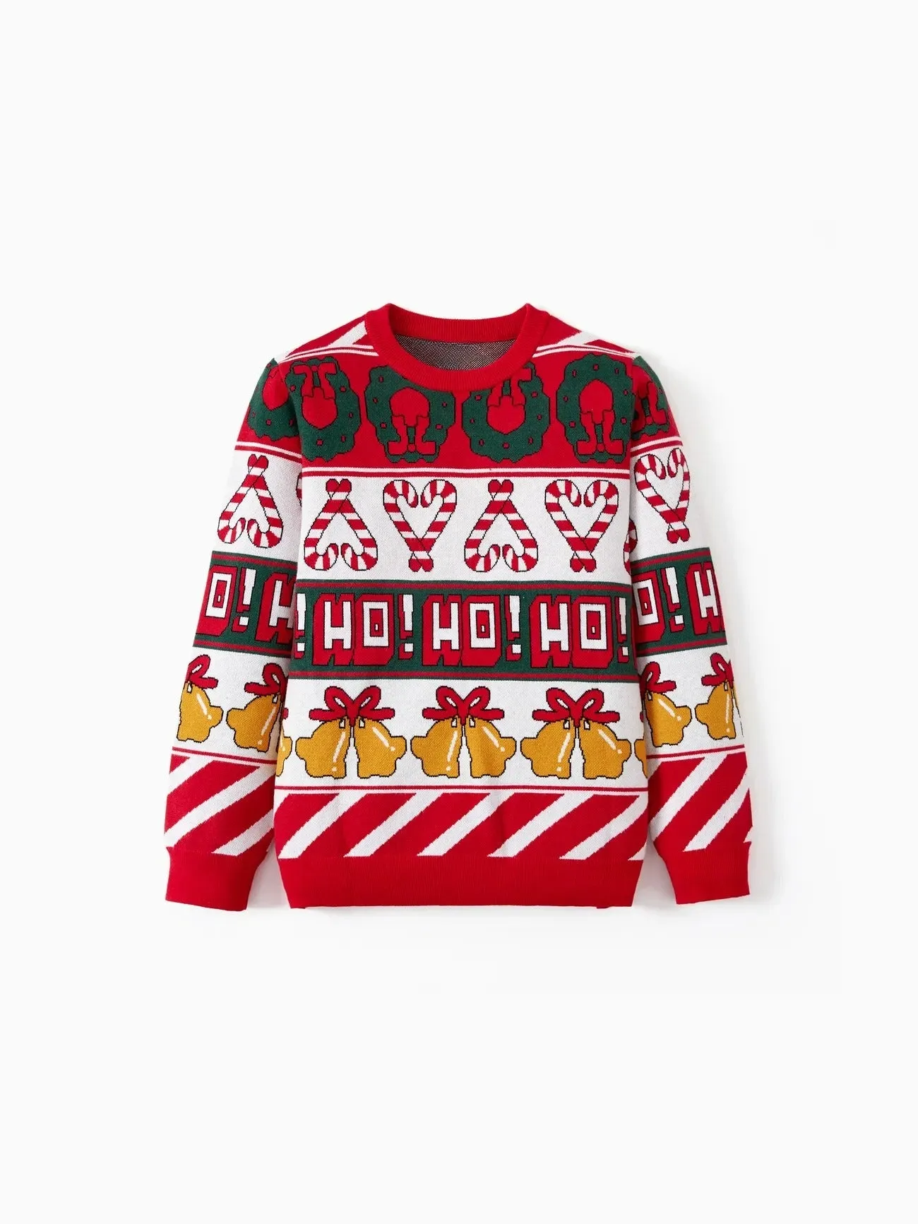 Family Bell And Candy Cane Matching Sweater Set