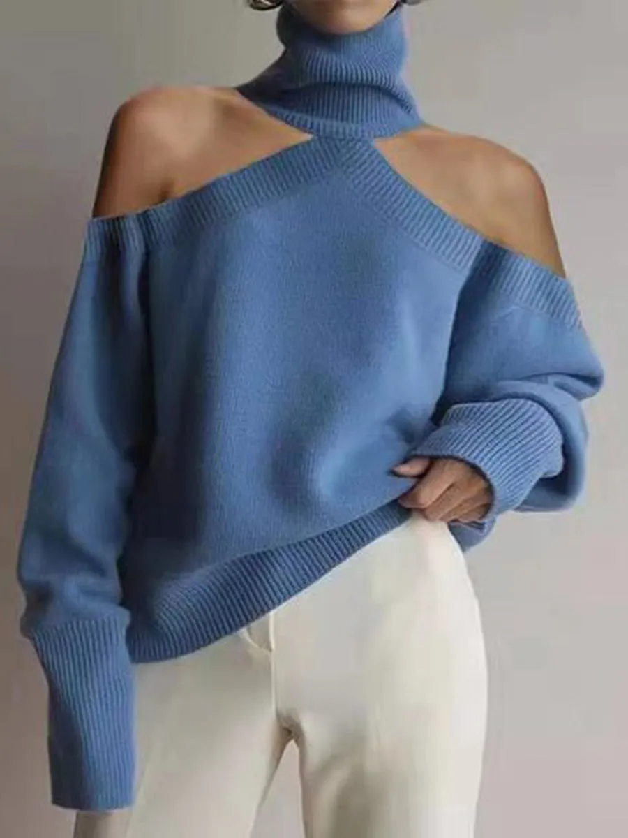 Fashion High Neck Casual Long Sleeve Off-shoulder Sweater