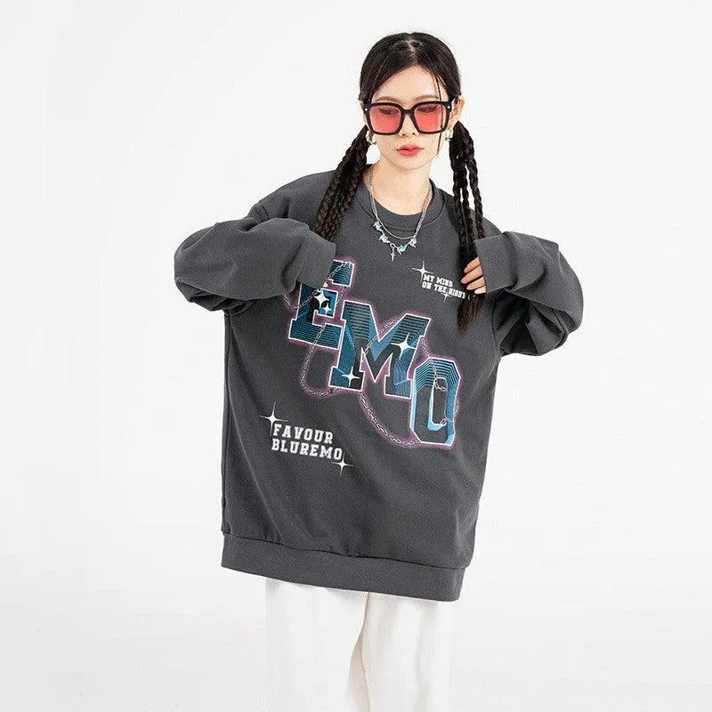 Fashion Letters Printed Long Sleeve Crew Neck Sweater - Hip Hop Style Pullover in Black & Gray