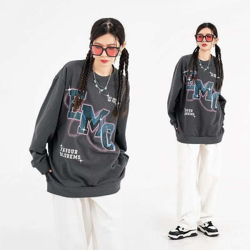 Fashion Letters Printed Long Sleeve Crew Neck Sweater - Hip Hop Style Pullover in Black & Gray