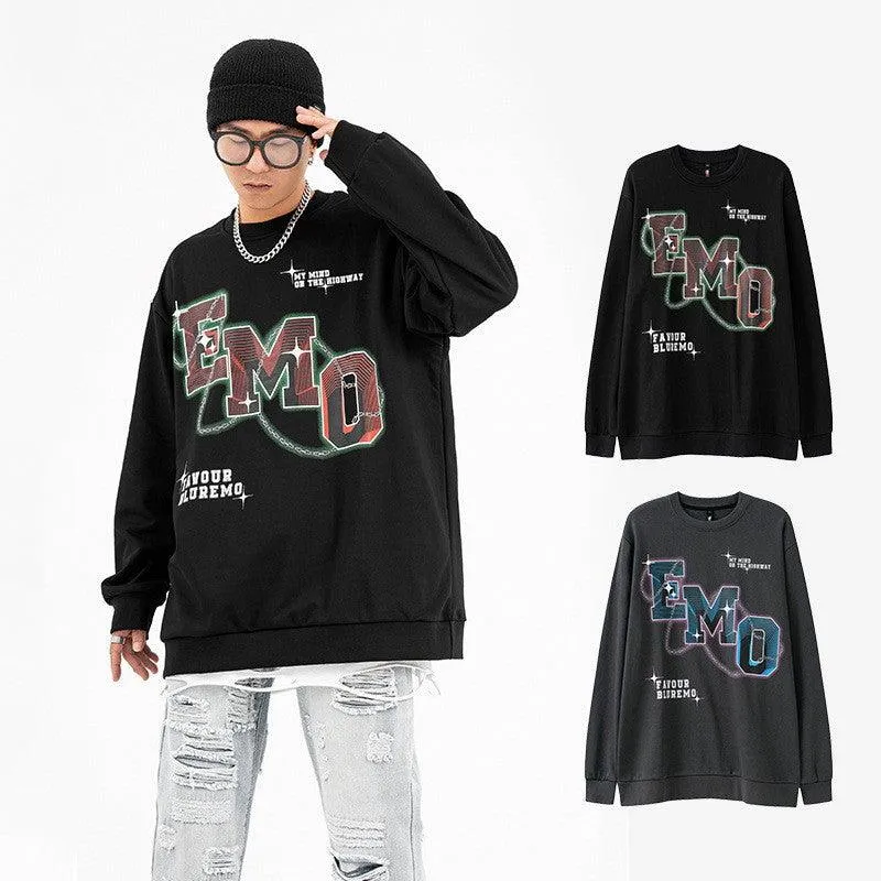 Fashion Letters Printed Long Sleeve Crew Neck Sweater - Hip Hop Style Pullover in Black & Gray