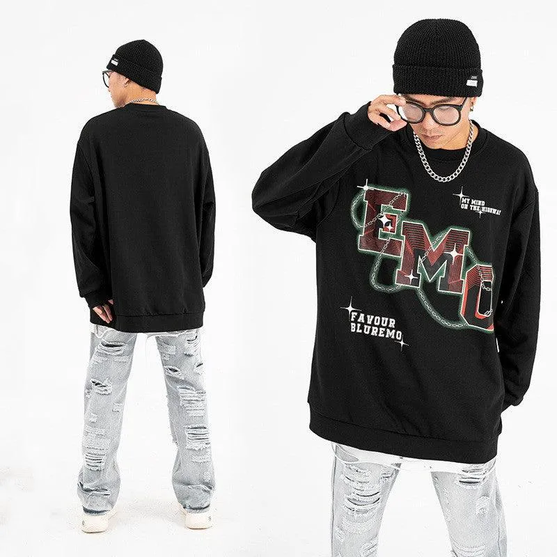 Fashion Letters Printed Long Sleeve Crew Neck Sweater - Hip Hop Style Pullover in Black & Gray