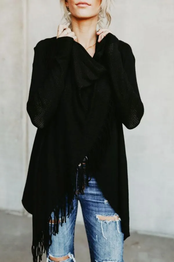 Fashion Solid Asymmetric Hem Tassel Cardigans