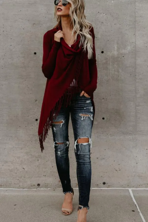 Fashion Solid Asymmetric Hem Tassel Cardigans