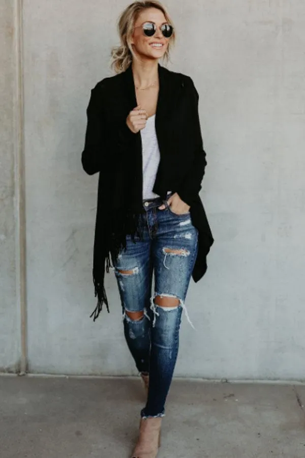 Fashion Solid Asymmetric Hem Tassel Cardigans