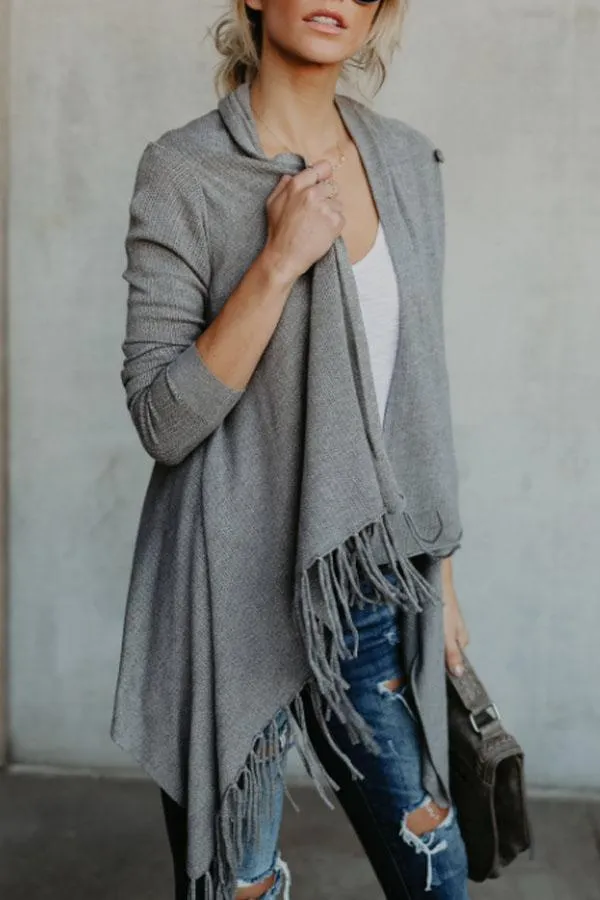 Fashion Solid Asymmetric Hem Tassel Cardigans