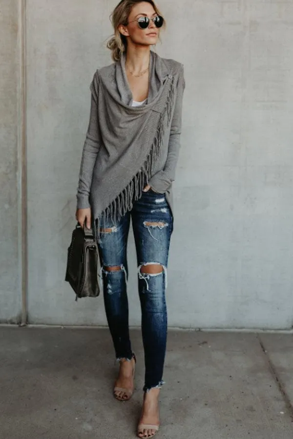 Fashion Solid Asymmetric Hem Tassel Cardigans